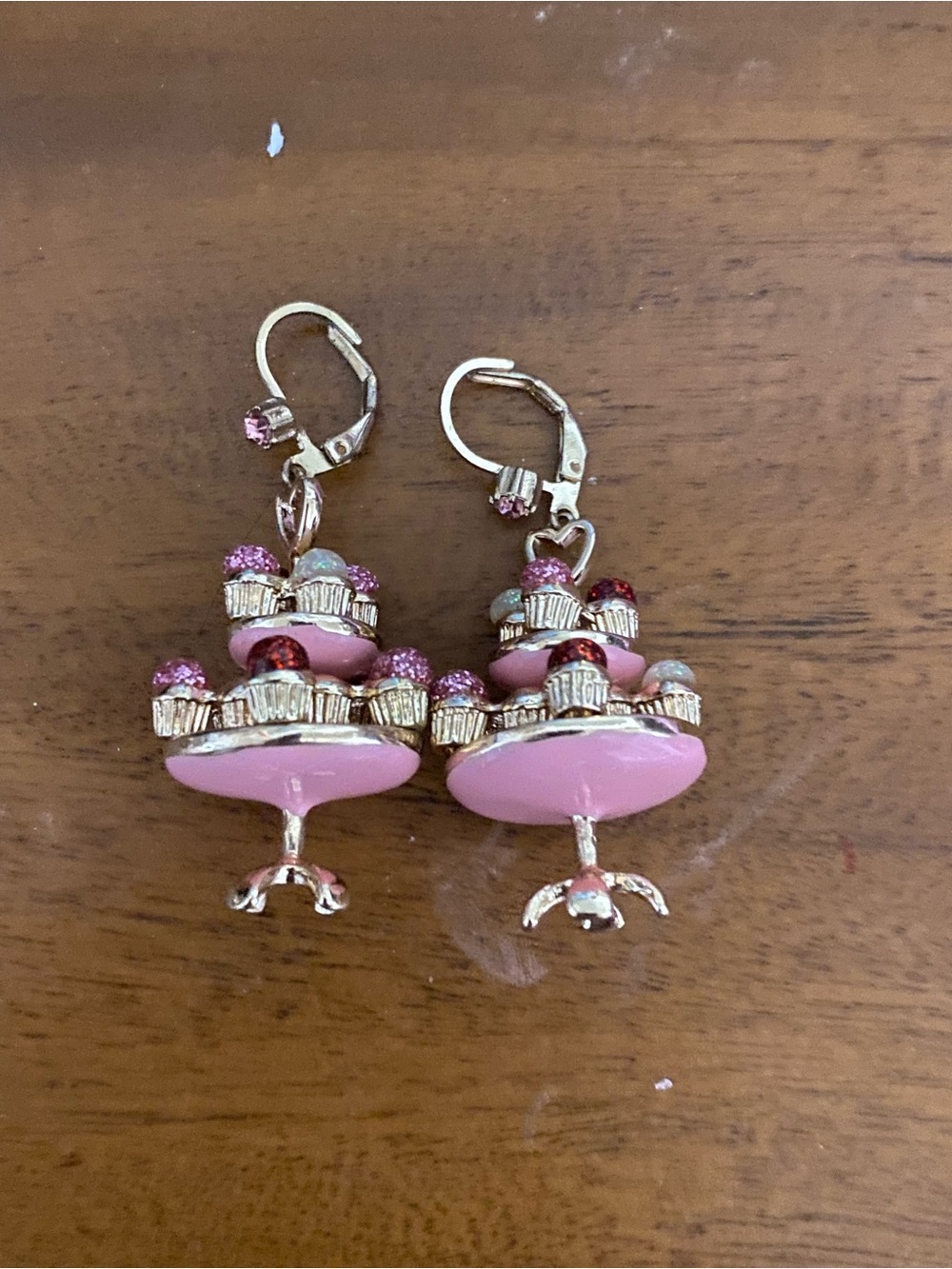 Betsey Johnson Pink Tiered Cake Stand Drop Earrings with Gold Accents
